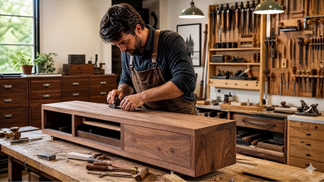 A cabinet on a workbench in the workshop